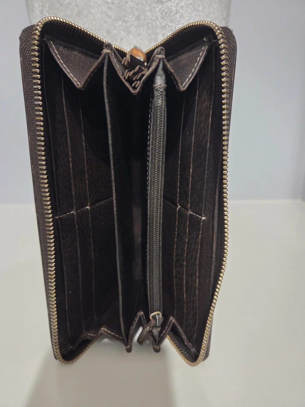 Gucci Women's Dark Brown Monogram Leather Zip Wallet with Box / COA INCLUDED